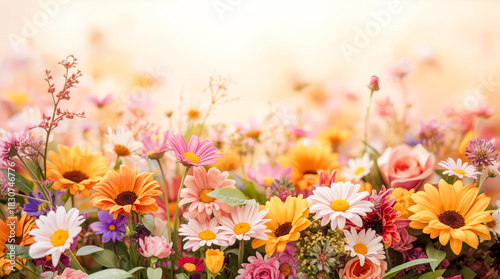 Bright colorful spring flowers blooming in soft sunlight with warm tones background.