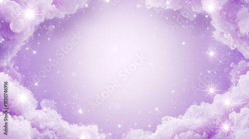 Sparkling purple sky surrounded by fluffy clouds, dreamy soft style, gradient background, fantasy magic atmosphere