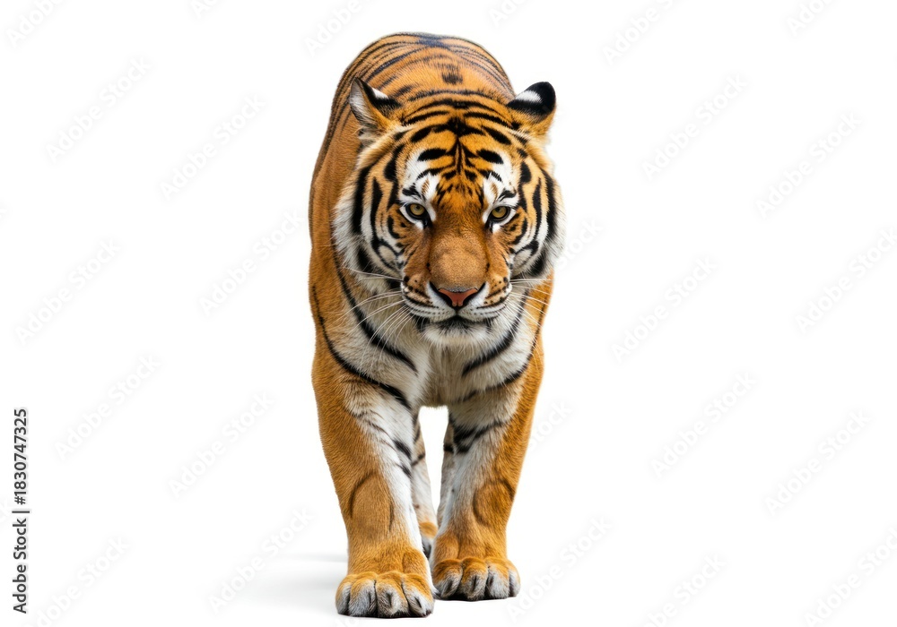 Obraz premium Majestic Bengal Tiger Walking Towards Viewer in Bright White Background