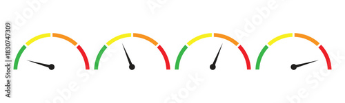 Set of speedometer gauges for performance and risk indicators. Vector scale, level of performance. Infographic of risk.	