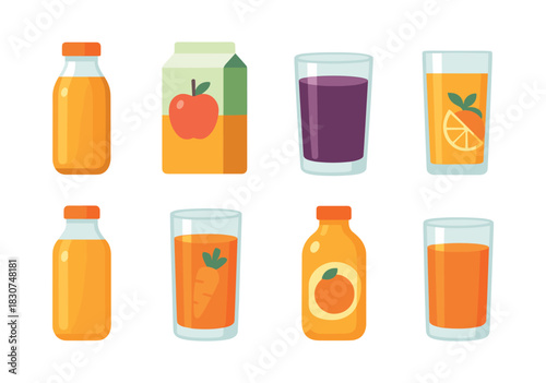 Juice cartons and glasses, fruit and vegetable, flat vector illustration