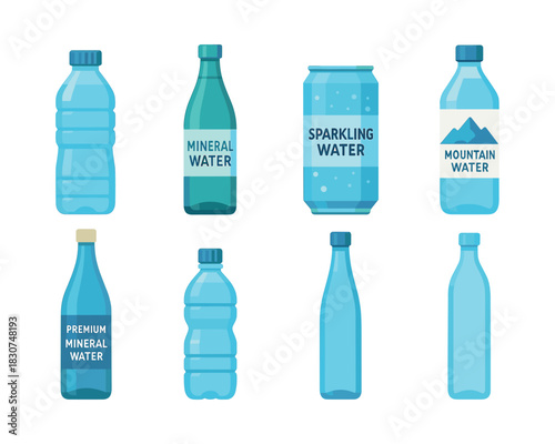 Bottled water collection, flat vector illustration, mineral, sparkling, mountain