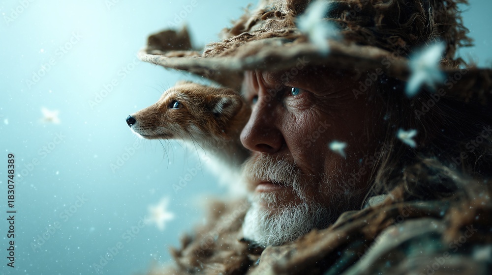 Fototapeta premium A dramatic portrait of a mature man with a fox peering out from his rugged attire, evoking themes of nature, wisdom, and the connection between humans and wildlife.