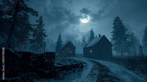 Spooky snowy village road with moonlit sky and glowing cabin windows at night.