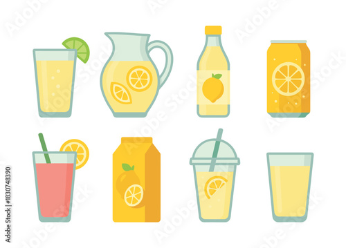 Lemonade and juice variety, glasses and bottles, flat vector illustration