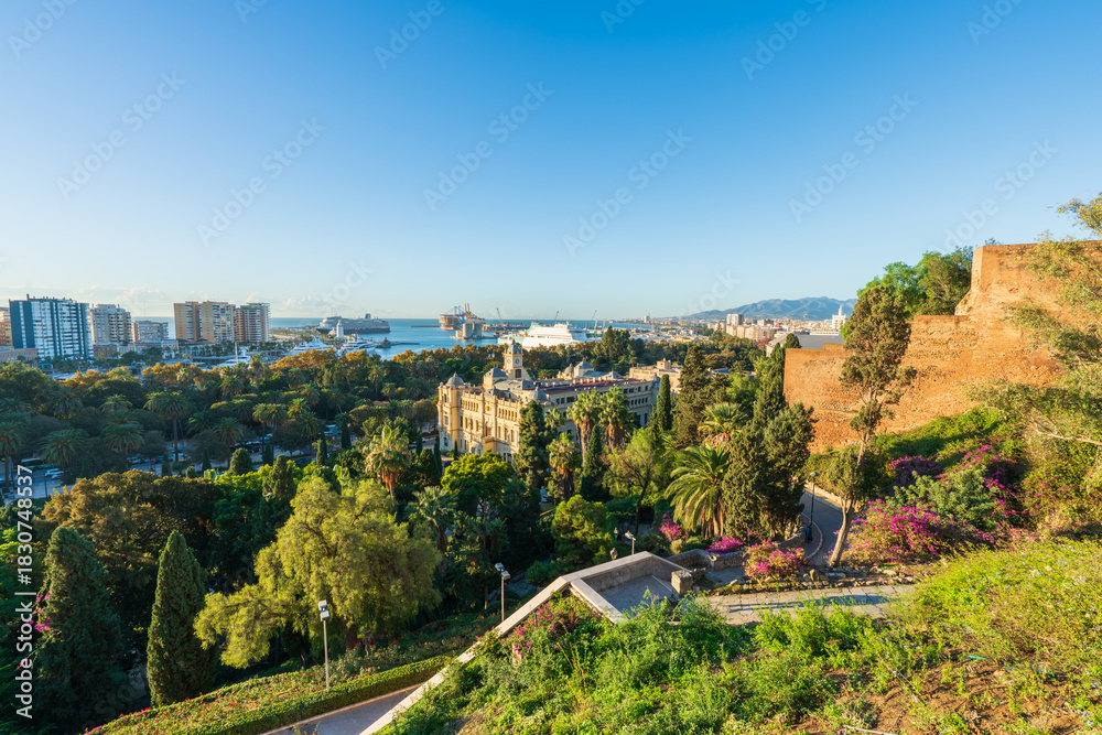 Fototapeta premium Mirador de la Coracha terrace overlooking city hall and skyline of Malaga city. Spain