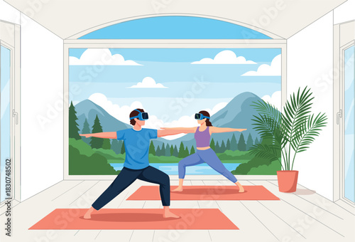 Couple Doing Yoga and Fitness Exercise with VR Headsets in a Virtual Reality Wellness Environment Featuring a Beautiful Mountain View Vector
