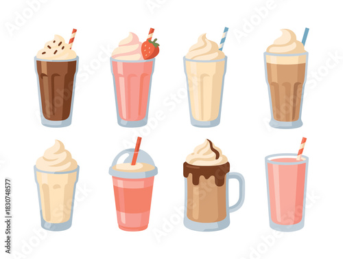 Milkshake collection, smoothies, whipped cream, flat vector illustration