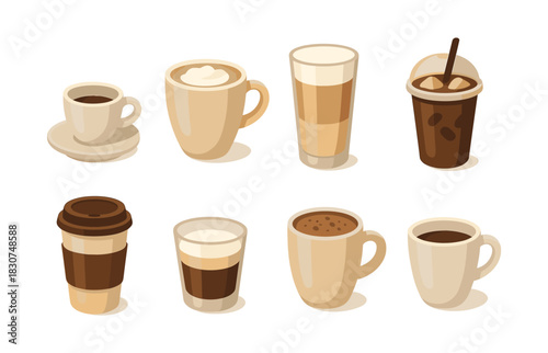 Coffee collection. Coffee cup vector illustration. Cappuccino, latte, espresso, mug beverage illustration
