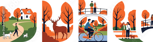 Set of Autumn Outdoor Leisure Activities Illustrations Featuring People Walking Dogs, Cycling, Relaxing, and Wildlife in a Fall Park Environment Vector