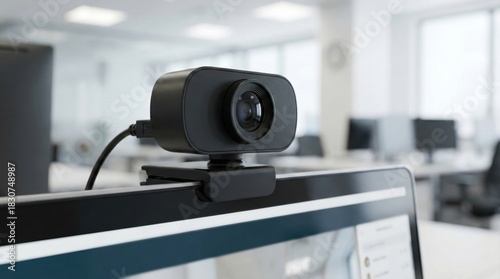 Man's laptop in office featuring an attached webcam for virtual meetings