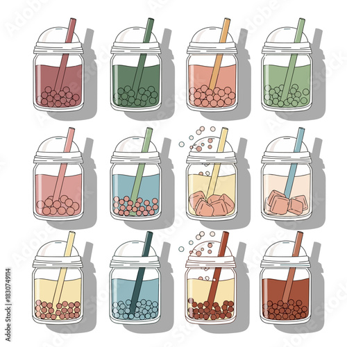 A vibrant assortment of illustrated bubble tea drinks, showcasing a variety of colorful flavors with tapioca pearls