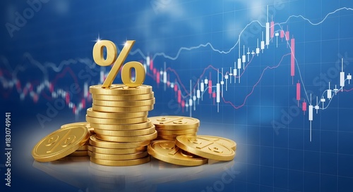 Euro coins and financial growth graph on blue background