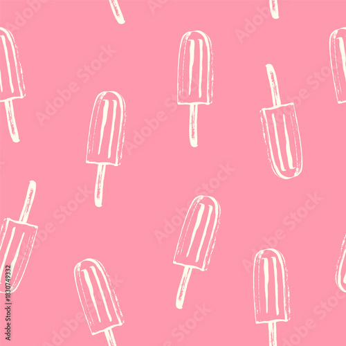 Hand drawn summer seamless pattern with popsicles on pink background.