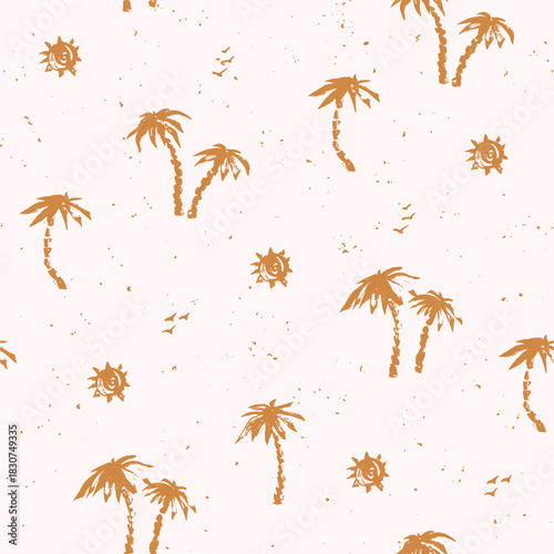 Hand drawn summer seamless pattern with palm tress, sun and sand texture on white background.