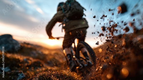An intense shot of a mountain biker speeding across a rugged terrain, kicking up dirt, embodying the spirit of adventure and thrill in outdoor sports.