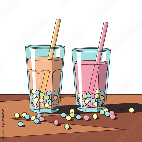 A vibrant vector illustration of two glasses of bubble tea with colorful tapioca pearls and straws, representing a popular sweet beverage