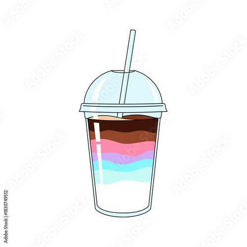 Colorful layered iced coffee in a takeaway cup with a dome lid and straw. The layers of pink, blue, white, brown, and black celebrate LGBTQ+ pride and inclusivity