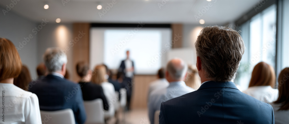 Fototapeta premium Audience of business professionals attending a corporate presentation in a modern conference room with speaker and projection screen