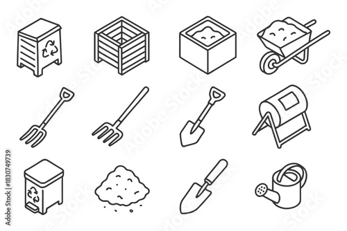 Gardening tools and equipment icons set for composting and plant care.