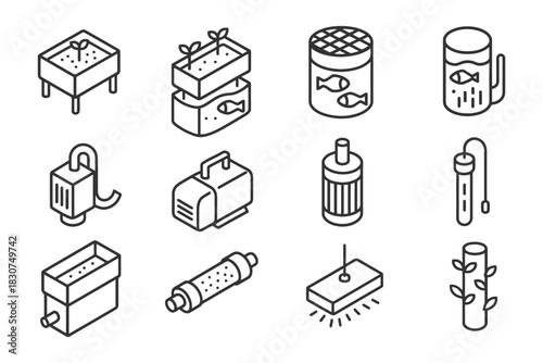 Aquaponics system icons: hydroponics, fish tanks, vertical gardening concepts.