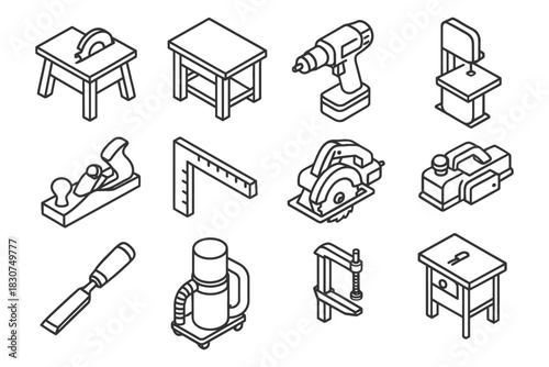 Outline icons of carpentry and woodworking tools and furniture.