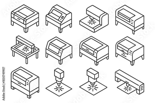 Set of isometric 3d printer and laser cutter icons.