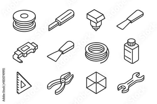 Icon set of 3d printing tools and equipment.