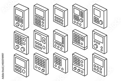Isometric grid of control panel icons with keypads and dials in black and white.