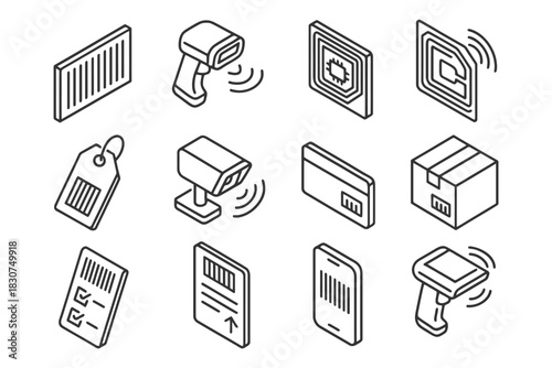 Barcode and rfid icon set featuring scanning devices and tags.