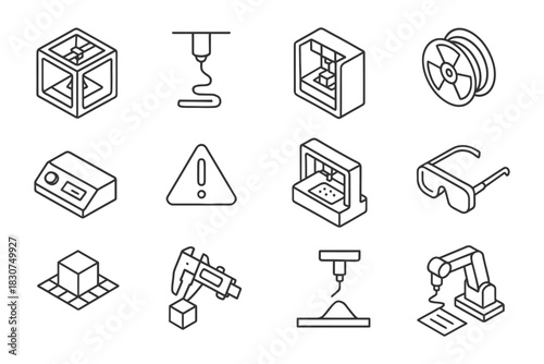 Isometric icons: 3d printing equipment and tools overview.