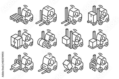Isometric forklift icons collection: pallet, barrel, box, and more designs.