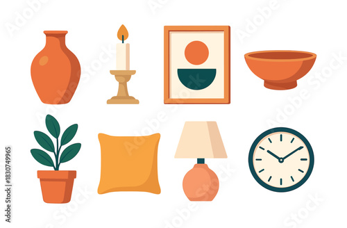 Home decor vector illustration, flat vector style, vase, candle, and frame
