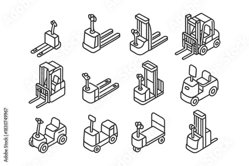 Set of outline forklift icons depicting various types and designs.