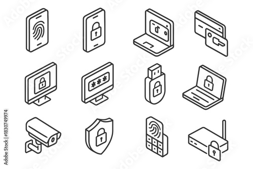 Outline icons of cybersecurity devices: laptop, smartphone, camera, usb, router - black and white.