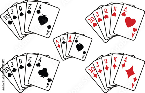 Royal flush hand. playing card royal flush set of clubs, diamonds, hearts and spades. poker card suit of jack, queen, king and ace, vector design.