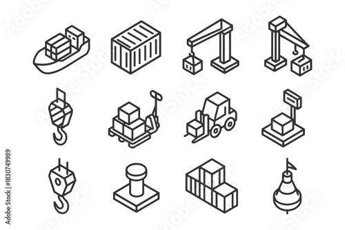 Isometric cargo and shipping icons featuring ships, cranes, trucks, and containers in monochrome style.