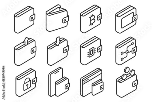 Isometric cryptocurrency wallet icons for blockchain and digital transactions.