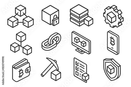 Blockchain technology icons: cryptocurrency, bitcoin, security, mining, network.