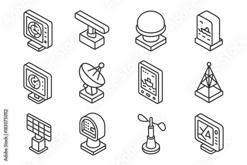 Set of isometric weather and technology icons.