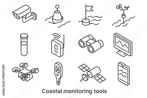 Coastal monitoring tools: surveillance, buoys, sensors, drones, and technology icons.