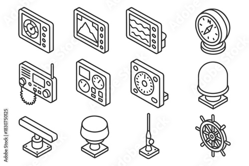 Nautical navigation instruments line icons collection.