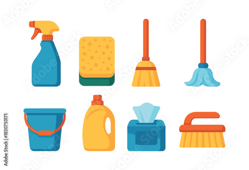 House cleaning tools collection, flat vector illustration with mop and broom