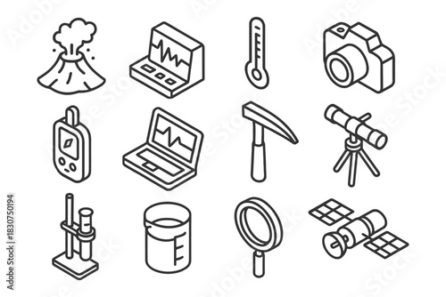 Science and technology icons: volcano, seismograph, thermometer, camera, satellite.