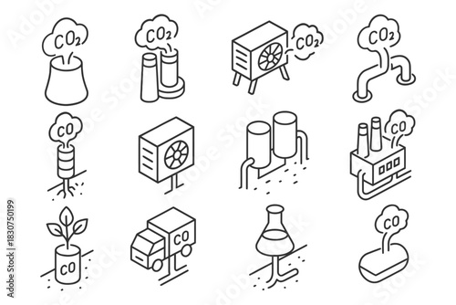 Co2 emission and capture icons - industry, technology, environment.