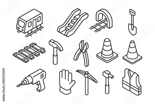 Isometric urban construction tools and transportation icons.