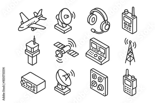 Isometric aviation and communication icons: airplane, satellite, and radio equipment.
