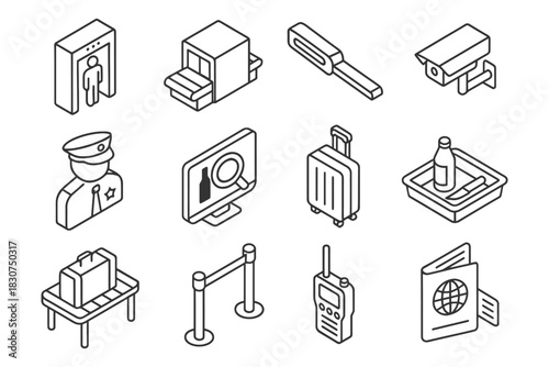 Isometric airport security elements: scanner, camera, badge, suitcase, passport icons.