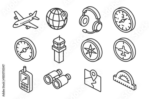 Collection of travel and navigation icons including airplane, globe, headphones, clock, compass, binoculars, map.