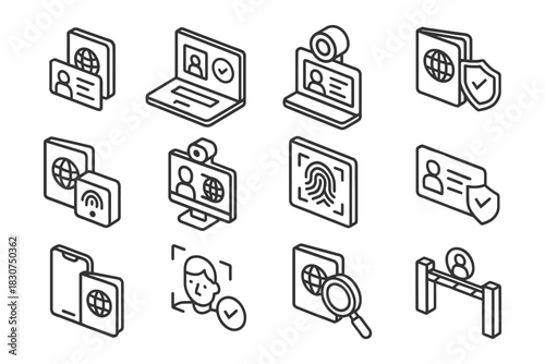 Biometric identification icons: passport, fingerprint, and facial recognition symbols.